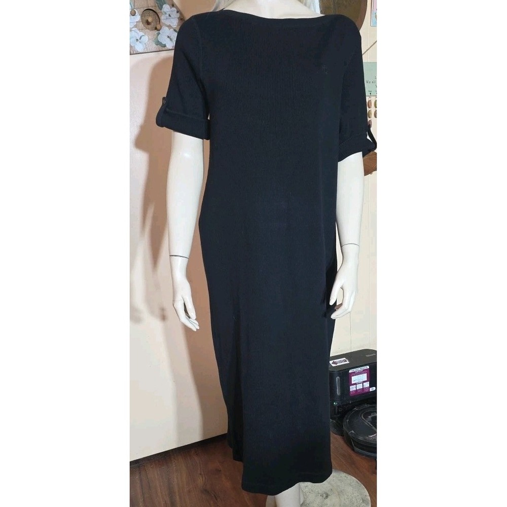 Lauren Ralph Lauren Petite L Black Ribbed Knit Maxi Dress Boat Neck Vintage 90's